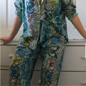Anthropologie Blue and Green Butterfly Pajama Bottoms 1x,2x